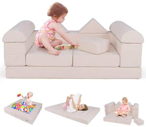 COSTWAY Modulares Kindersofa, 9-teiliges Spielsofa aus Schaumstoff Bausteine mit bequemem Wildlederstoff, Modulsofa für Kinder zum Spielen, Kreativsein, Schlafen (Beige)