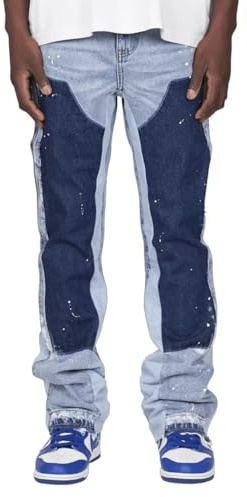 MILANG Baggy Jeans da Uomo, Pantaloni in Denim con Patchwork e Schizzi d’Inchiostro, Streetwear Larghi Y2K Flared Jeans Stile Hip Hop
