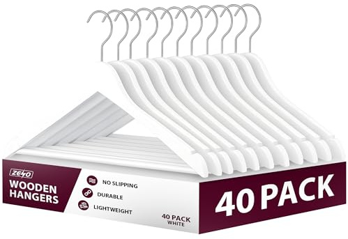 ZENO Wooden Hangers White 40 Pack | Wooden Coat Hangers | Hanger for Clothes with 360° Swivel Hook, Shoulder Notches & Anti Slip Design | Lightweight & Durable