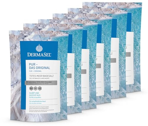 DermaSel® Totes Meer Badesalz Pur | Das Original | 6x 500 g | Meersalz fürs Bad, klärende Mineralpflege, für trockene, empfindliche Haut, ohne Zusätze, dermatologisch geprüft