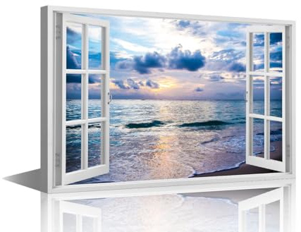 TISHIRON Sea Wave Wall Art for Bedroom Coastal Canvas Painting 3D Window Effect Large Wall Art for Living Room Contemporary Home Decor 1 Panels Stretched on Wooden Frame, 36x24in