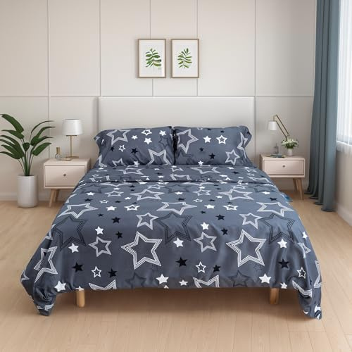 H HANSEL HOME Juego de Funda Nordica Microfibra de 4 Piezas para Cama 150 Suave Transpirable, Incluye 1 Funda Edredón 220x240cm, 1 Bajera 150x200+30cm, 2 Fundas de Almohada 50x90cm - Noche Estrellada