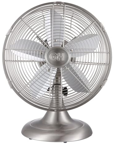 Good Housekeeping Retro 12 All-Metal Table Fan (92605) with 3 Speed Settings, Wide Oscillation, and Carrying Handle in Brushed Nickel