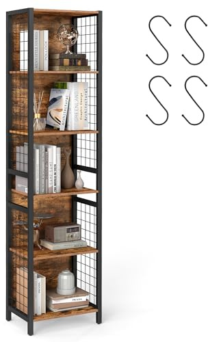 VASAGLE Bibliothèque, Étagère à 6 Niveaux, Meuble de Rangement, 30 x 40 x 175,6 cm, avec 4 Crochets en S, pour Bureau, Salon, Cadre en Acier, Marron Rustique et Noir d'encre LLS170K01