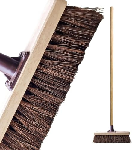 10” Broom Natural Stiff Bassine Bristle Outdoor Hard Bristle Sweeping Brush Long Wooden Handle with Durable Support Bracket Heavy Duty Sweeping Yard Brush for Potios, Deck & Graden (Pack of 1)