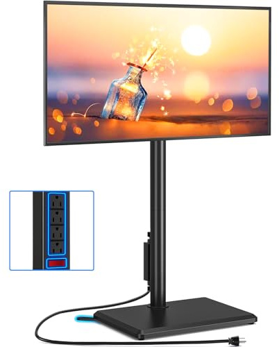 Rfiver Swivel Floor TV Stand with Power Outlet for 32-60 inch TVs, Height Adjustable Tall TV Stand with Wood Base, Hold Up to 88lbs, Saving Space Design for Bedroom, Living Room and Corner