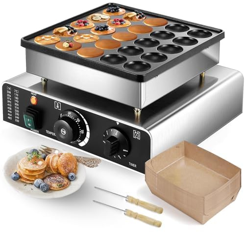 Moongiantgo Macchina Olandese per Pancake a 25 Fori, In Acciaio Inox Con Stampo in Alluminio Spesso, Regolazione Della Temperatura 50-300°c, Timer Da 5 Minuti, Superficie Antiaderente, 220v