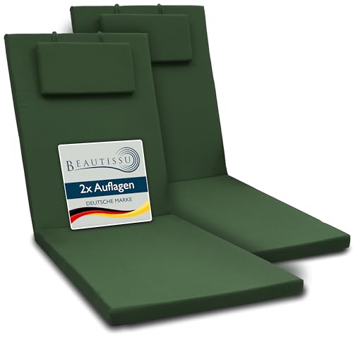 Beautissu 2er Set Gartenliege Auflage Sonnenliege UV-beständig Polster | 200x60x5cm Dunkelgrün Liegestuhl Liegenauflage Gartenmöbel Polsterauflagen UV-Beständige Sonnenliegen Reißverschluss Loft RL