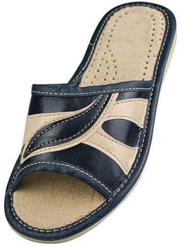 APREGGIO Pantofole da Donna Blu Marino-Beige - Pelle Aperte - Suola Antiscivolo - Comode 41