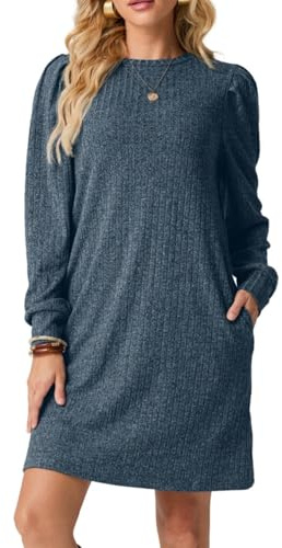 PrinStory Vestido de punto con suéter para mujer, manga larga, vestido de ocio, cuello redondo, con bolsillos, para otoño e invierno, azul, L