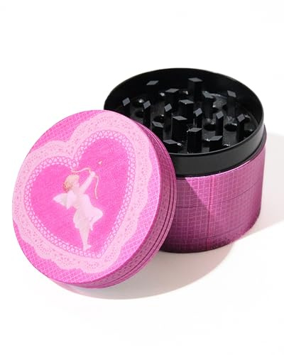 Pink Cute Cupid with Heart Custom Printed 4 Part Metal Herb Grinder for Spices with Pollen Scraper and Micron Screen 50mm