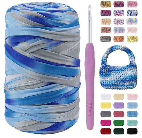 LEREATI Fettuccia per Borse a Uncinetto, 400g/150m Filato per Uncinetto Multicolore Crochet Yarn, Fettuccia Elastica per Borse, Cestini, DIY Artigianato, Decorazioni Casa (Blu Colorato)