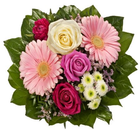 Dominik Blumen und Pflanzen, Blumenstrauß Tango aus 3 Rosen, Ranunkel, Chrysantheme und Gerbera
