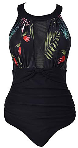 VILOREE Damen Schlankheits Badeanzug Raffung Einteiler High Neck Bademode Strandmode Blumen #2 L