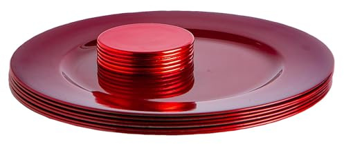 Argon Tableware Metallic Charger Plates & Coasters Set - Red - 12pc - 33cm - Metallic Finish Reusable Dining Table Setting Plates Drink Placemats for Christmas, Celebrations, Restaurant Decor