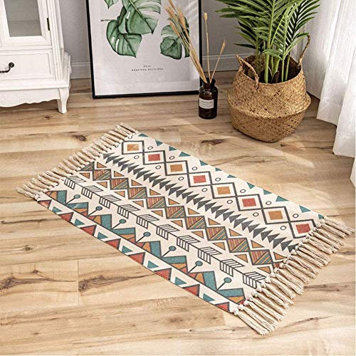 LILOVE Rugs Colorful Area Rug Small Rugs for Living Room Moroccan Rug with Tassels Geometric Printed 60x90cm Machine Washable Flatweave Rug Runner Carpet for Bedroom, Kitchen, Entryway,Hallway