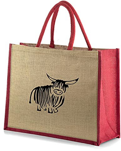 Florsol Large Jute Red Trim Shopping Bag with Black Highland Cow Print Height 32cm Length 42cm Depth 18cm