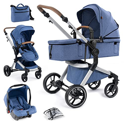 Bergsteiger Kinderwagen Lugo 3in1 | Kombikinderwagen Komplettset inkl. Zubehör - Babyschale, Buggy-Aufsatz, Sonnenschutz & Wetterfußsack | Isofix Station erhältlich