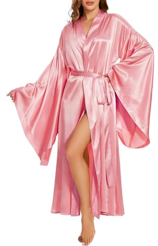 MAYILNSIN - Bata Kimono de Seda Larga para Mujer, Albornoz de Seda, Vestido de Noche de Boda, Albornoz de Fiesta, Ropa de Dormir, Ropa de Estar por Casa, Talla Grande, rosa, S