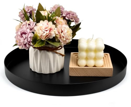 SLTAXAR Deko Tablett Rund Serviertablett Schwarz 30cm Rundes Tablett aus Edelstahl Dekoteller Schwarz Metall Make up Organizer Tablett Dekotablett Schwarz Matt Deko Tablett Metall für Schmuck Make-up