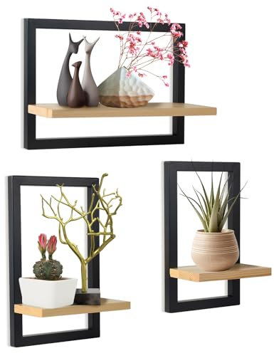 hi-home, Set di 3 mensole sospese da parete, per decorazione della parete, quadrate, in legno, per riporre oggetti, per bagno, soggiorno, colore: marrone