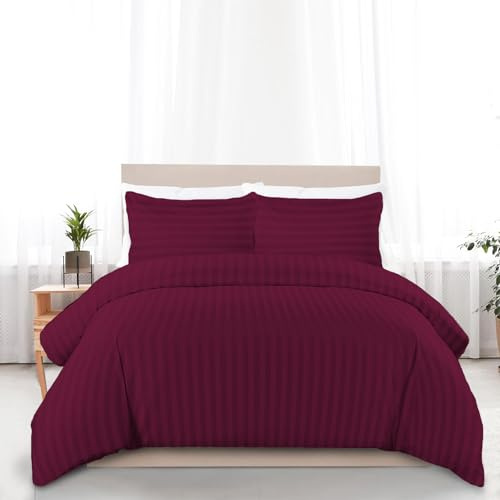 Sapphire Textile Egyptian Cotton Duvet Cover Bedding Set 400 Thread Count Satin Stripe Quilt Cover With Pillowcase Hotel Quality with Easy Closure (Burgundy, Double)