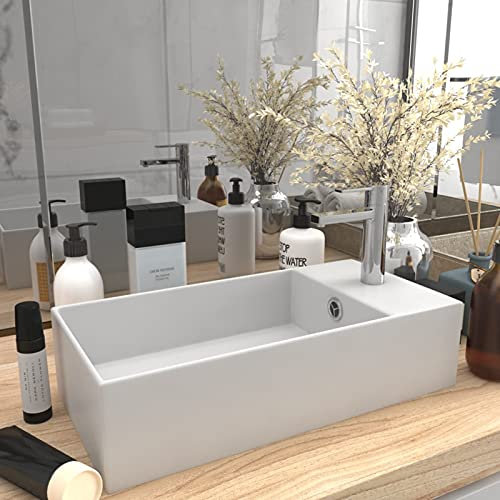 ZEYUAN Lavabo con rebosadero, Lavabo sobre Encimera, Lavabo Baño, Muebles De Baño, Mueble Lavabo, cerámica Blanco Mate