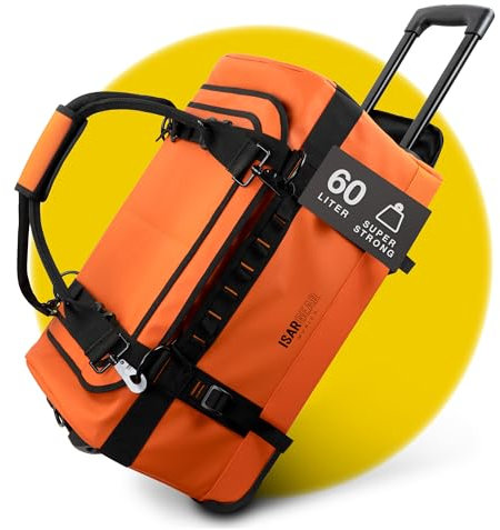 Isar Gear® Reisetasche mit Rollen 60 Liter - Outdoor Travel Bag (Orange) aus wetterfestem Material - Großer Reisekoffer mit Rollen, Sporttasche mit Rollen, Duffle Bag - Trolley (Koffertasche)