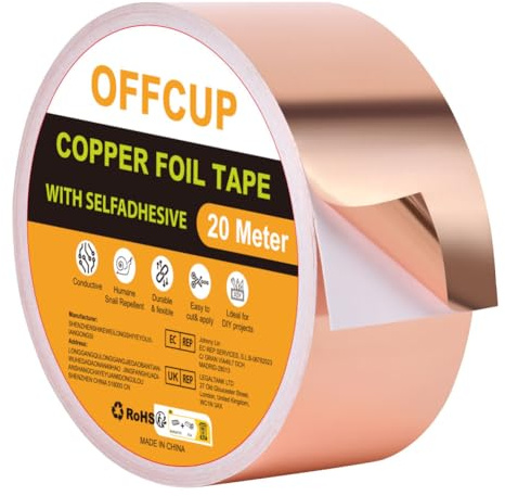 OFFCUP Kopparsnigeltejp, 50 mm x 20 m kopparfolietejp, värmebeständig självhäftande snigelavskräckande barriärtejp, för inomhus och utomhus skadedjursbekämpning av elreparationer, maskering och