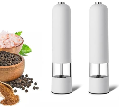 Electric Salt and Pepper Grinder Set, Battery Operated Automatic Salt and Pepper Mill Set with LED Light, Adjustable Coarseness, One Touch Button, Ceramic Grinder (White, Salt & Pepper Mills)