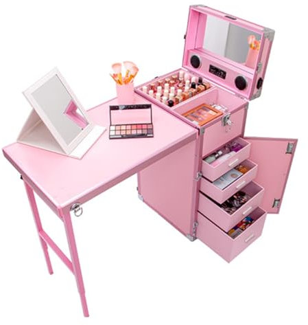 Kadxyan Tragbarer rollender Maniküretisch, Faltbarer Reise-Nagelschreibtisch mit Stauraum, Make-up-Train-Koffer mit Arbeitstisch und Spiegel, Bluetooth-Player, Kosmetik-Trolley, für Schönheitssalon