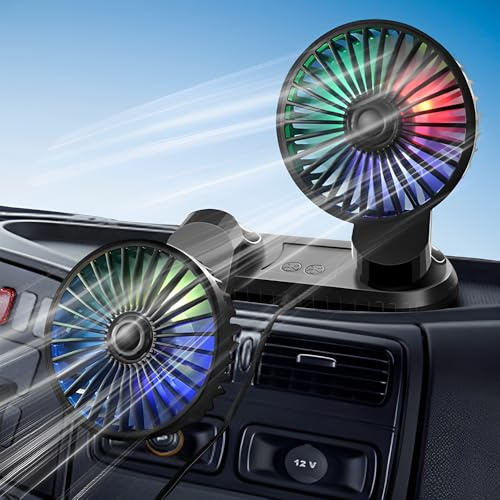 NAVESO Ventilatore Auto 12/24v, Doppia Testa Ventilatore USB Auto con 3 Velocità e Luce Colorata, Ricaricabile, Portatile,360°Ruotabile, Ventilatore per Camper SUV RV ATV Camion
