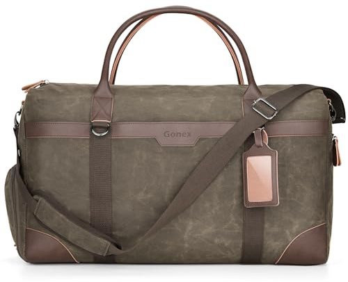Gonex Gewachstes Canvas Reisetasche 55L Erweiterbar, Weekender Handgepäck | Separates Schuhfach, Spritzwasserfest, Nass‑Trocken‑Fachtasche, Koffergriff‑Hülse, Abnehmbarer Schultergurt, Armeegrün