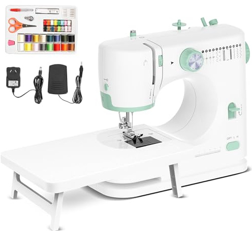 Mini Sewing Machine for Beginners, 42PCS Kit Small Sewing Machine with Extension Table, 12 Patterns, Light, Dual Speeds, Double Thread, Foot Pedal Portable Sewing Kits for Kids Adults