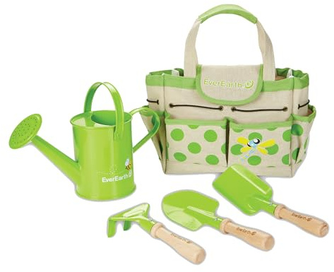 EverEarth Kids Metal Gardening Tools Set, Childrens Gardening Tool Kit with Canvas Tote Bag and Metal Watering Can, Metal Hand Rake, Trowel and Shovel, FSC Certified Wood