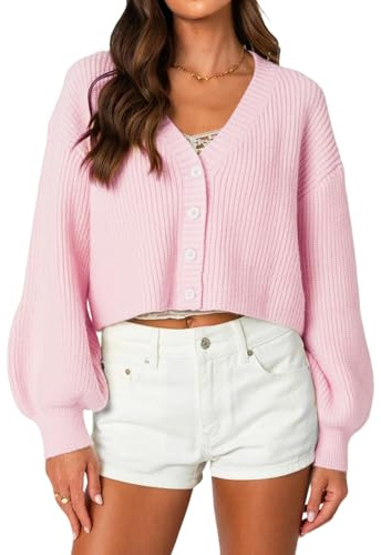 Navneet Women Chunky Knit Cardigan Cropped Cardigan Sweaters Button Down Long Sleeve Crop Sweater Cozy Cardigans Fall Outfits Pink S