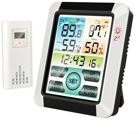 CNANRNANC Station météo numérique avec compteur de température intérieure et extérieure, grand écran couleur, capteur sans fil, fonction mémoire, horloge météo