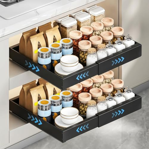 Focenat 2 Pack Tiroir Coulissant Télescopique Cuisine, Tiroir Coulissant Organisateur pour Armoire, Organisateurs de placard extensibles Sous Armoire, Largeur Réglable 32-53cm (Noir)