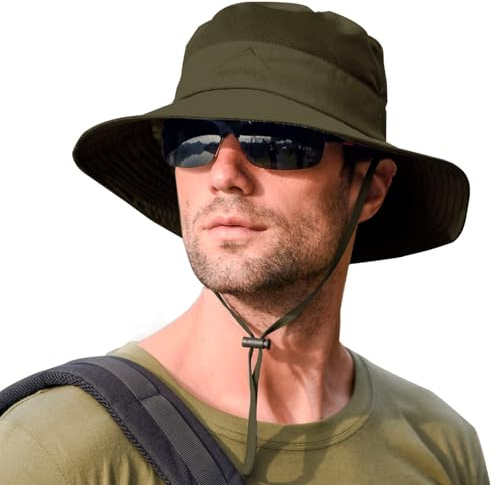 Rosoz Chapeau de pêcheur, UPF 50+ Chapeau d'été Homme Chapeau de randonnée Femme Chapeau de pêcheur Safari Chapeau tropical Chapeau Ranger Homme Camping Pêche Voyages Plage, Vert kaki, 62-64