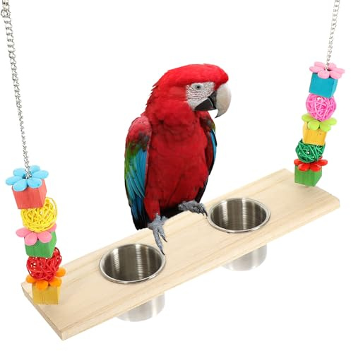 MERRYHAPY Juguete Columpio para Loros con Comedero y Bebedero Resistente Mordeduras Soporte Multifuncional para Jaulas de Periquitos y Aves Pequeñas Accesorio para Descanso y Alimentación