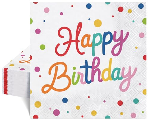Lot de 40 serviettes en papier - 16,5 x 16,5 cm - Happy Birthday - Serviettes de cocktail colorées pour garçons, enfants et filles