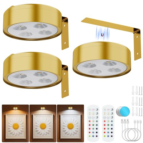 Bawoo Schrankleuchten RGBW Kabellose Schrankbeleuchtung 3er LED Nachtlicht 451 lm mit Fernbedienung/Druckknopfmodu, Abnehmbares Batteriebetrieben，Wandlampen für Fotos und Gemälde Gold
