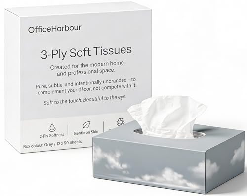 3 Ply Facial Tissues 1080 Sheets, (12 Packs of 90 Sheets) 100% Virgin Pulp | Neutral Unbranded Design | Hygienic Plastic Rim | Easy-Open
