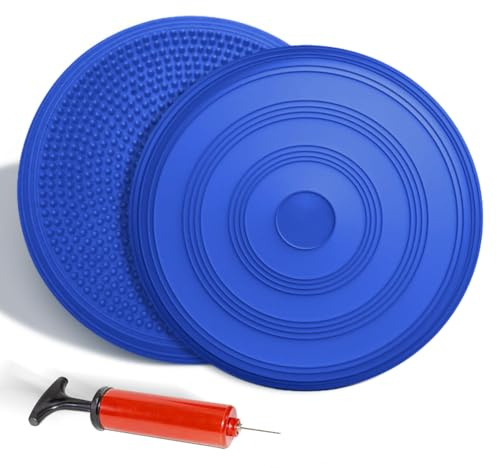 Balanskudde med pump, Ø 34 cm, uppblåsbar bollkudde, ortopedisk balanskudde, instabil sittkudde, balanskudde för skrovträning, ryggträning och koordination (blå)
