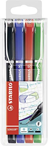 STABILO - Fineliner mit gefederter Spitze - SENSOR F - fein - 4er Pack - schwarz, blau, rot, grün