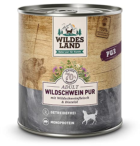 WILDES LAND – Wild | Nassfutter mit extra hohem Fleischanteil und natürlichen Zutaten für ausgewachsene Hunde. Alleinfutter ohne Zusatzstoffe in der Dose | 12x800g Wild