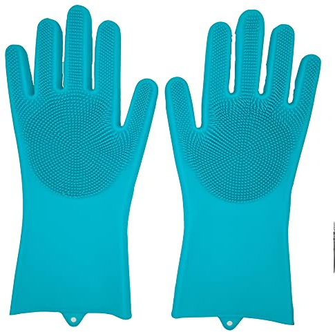Onlineforu lTD Magic Silicone Cleaning Gloves Blue – Reusable Heat Resistant Dishwashing Gloves – Multipurpose Scrubbing Gloves for Kitchen, Bathroom, Car Wash, Pet Grooming & More