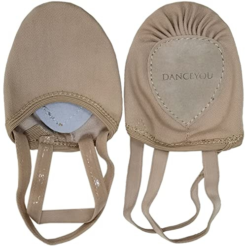 DANCEYOU Stretch Canvas Lyrical Shoes for Girls Womens Half Soles Pirouette Contemporary Turners Dance Shoes, Tan, S