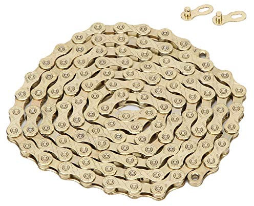 Fahrradkette, Fahrradkette aus Stahl, verschleißfest, verstellbar mit 10 Gängen, Fahrradketten-Zubehör, Rennrad, faltbar(Gold)