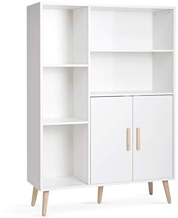 Mondeer Sideboard, Kommode mit 2 Türen und 5 Fächern Verstellbare Regalebene Holz für Wohnzimmer Schlafzimmer Küche, 85 x 30 x 120 cm, Weiß